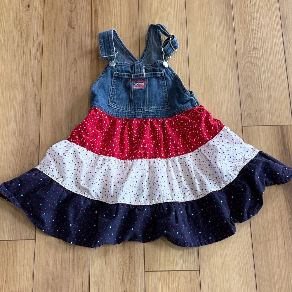 OshKosh B'gosh Blue Denim Dress with Red Flag Embroidery